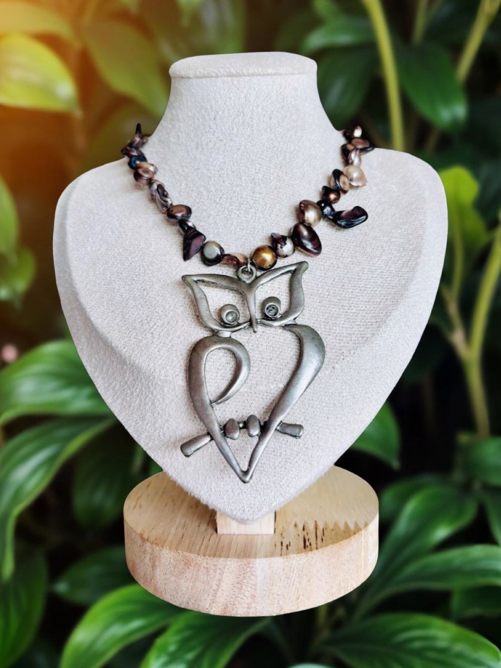 One-of-a-kind Brown Pearl Bead Necklace with Silver Owl Pendant/ Vintage